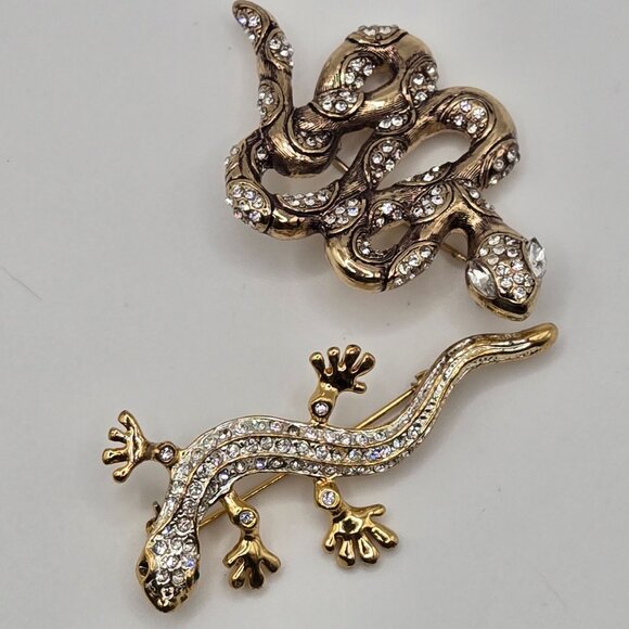 Reptile Lizzard 2PC Brooch Set Gold Silver Tone Amphibian Reptile Figural Pins - Picture 3 of 14